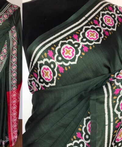 Dark Green Printed Satin Saree