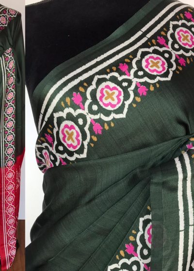 Dark Green Printed Satin Saree