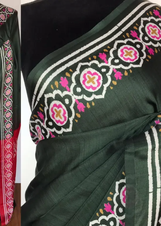 Dark Green Printed Satin Saree