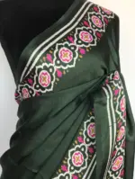 Dark Green Printed Satin Saree - Image 3