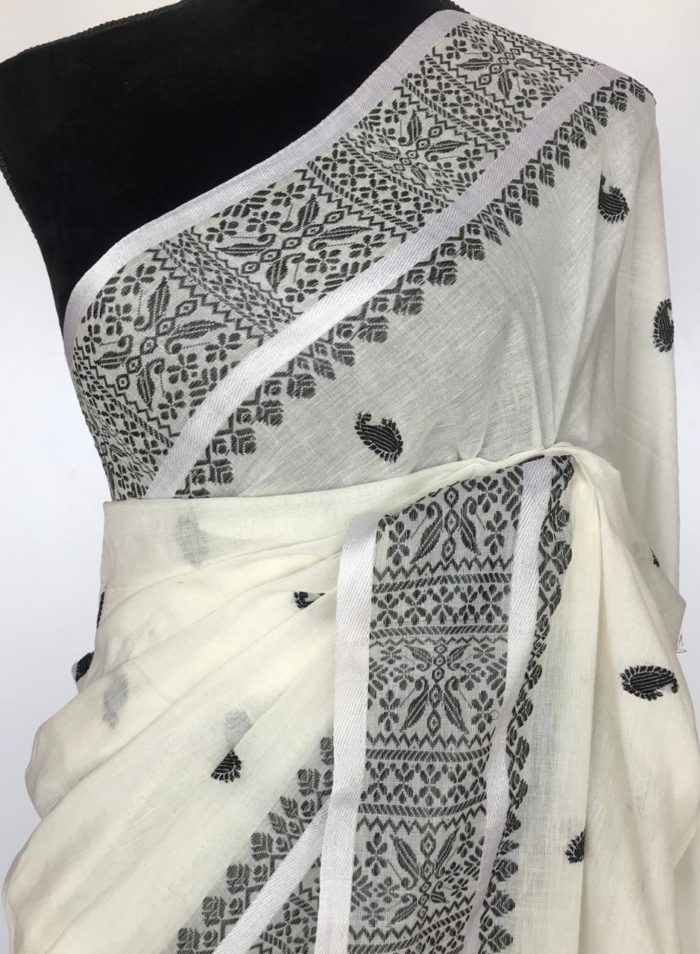 White Handwoven Cotton Jamdani Saree