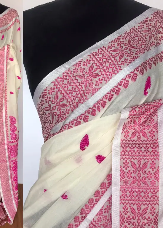 White Handwoven Cotton Jamdani Saree
