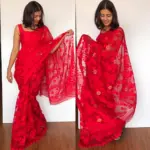 Red Handwoven Cotton Silk Jamdani Saree - Image 2