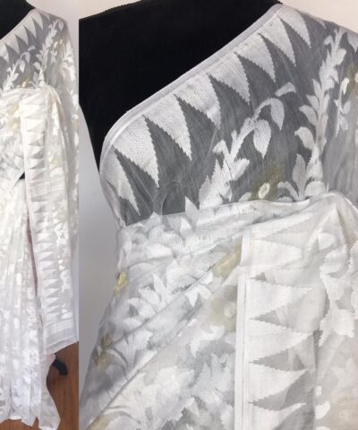 White Handwoven Cotton Silk Jamdani Saree