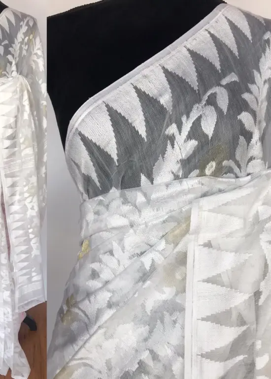 White Handwoven Cotton Silk Jamdani Saree