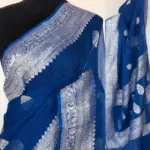 Cobalt Blue Pure Khaddi Banarasi Silk Saree in Chiffon woven in Silver Zari - Image 2