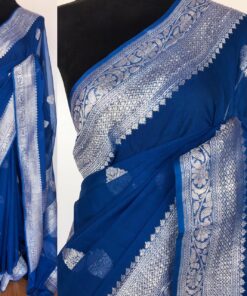 Cobalt Blue Pure Khaddi Banarasi Silk Saree in Chiffon woven in Silver Zari