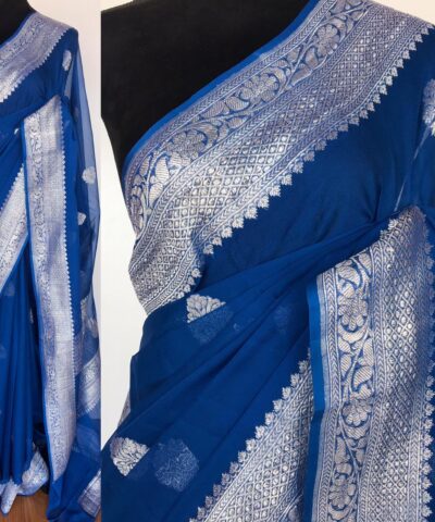 Cobalt Blue Pure Khaddi Banarasi Silk Saree in Chiffon woven in Silver Zari