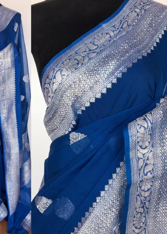 Cobalt Blue Pure Khaddi Banarasi Silk Saree in Chiffon woven in Silver Zari