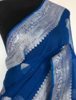 Cobalt Blue Pure Khaddi Banarasi Silk Saree in Chiffon woven in Silver Zari - Image 3