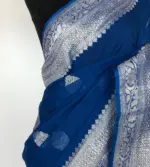 Cobalt Blue Pure Khaddi Banarasi Silk Saree in Chiffon woven in Silver Zari - Image 4