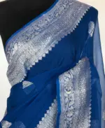 Cobalt Blue Pure Khaddi Banarasi Silk Saree in Chiffon woven in Silver Zari - Image 5