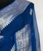 Cobalt Blue Pure Khaddi Banarasi Silk Saree in Chiffon woven in Silver Zari - Image 7