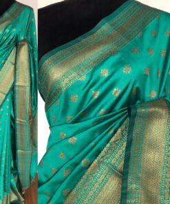 Turquoise Banarasi Soft Silk Saree with Antique Gold Zari Weaves