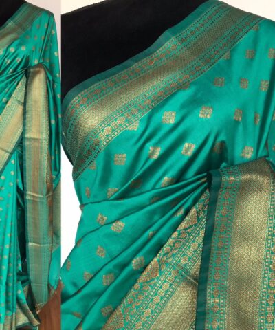 Turquoise Banarasi Soft Silk Saree with Antique Gold Zari Weaves