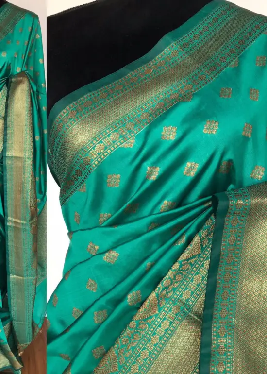 Turquoise Banarasi Soft Silk Saree with Antique Gold Zari Weaves