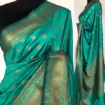 Turquoise Banarasi Soft Silk Saree with Antique Gold Zari Weaves - Image 2