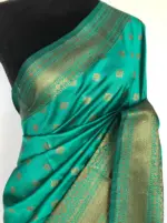 Turquoise Banarasi Soft Silk Saree with Antique Gold Zari Weaves - Image 3