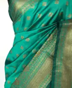 Turquoise Banarasi Soft Silk Saree with Antique Gold Zari Weaves - Image 4