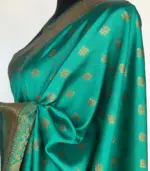 Turquoise Banarasi Soft Silk Saree with Antique Gold Zari Weaves - Image 5