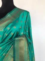 Turquoise Banarasi Soft Silk Saree with Antique Gold Zari Weaves - Image 6