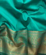 Turquoise Banarasi Soft Silk Saree with Antique Gold Zari Weaves - Image 7