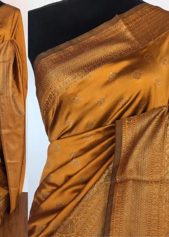 Mustard Yellow Banarasi Silk Saree with gold zari buttas