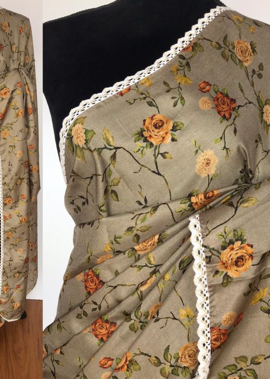 Grey Banarasi Silk Saree with Printed Florals