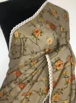 Grey Banarasi Silk Saree with Printed Florals - Image 3