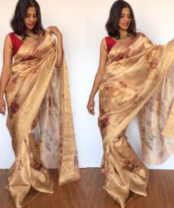 Gold Tissue Silk Saree with Printed Florals