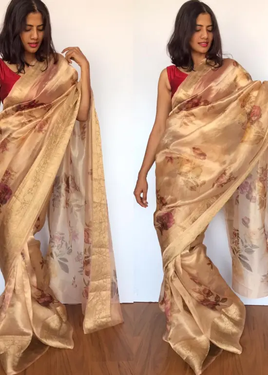Gold Tissue Silk Saree with Printed Florals