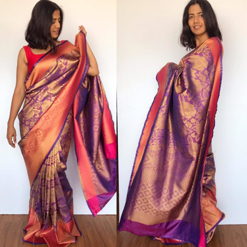 Purple Banarasi Silk Saree with Antique Zari Weaves - Mirra Clothing