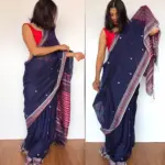 Navy Blue Handwoven Cotton Jamdani Saree - Image 2