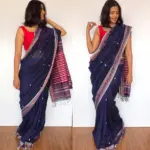 Navy Blue Handwoven Cotton Jamdani Saree - Image 3