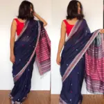 Navy Blue Handwoven Cotton Jamdani Saree - Image 4