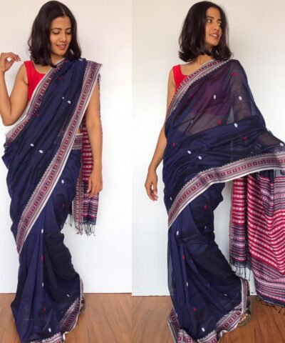 Navy Blue Handwoven Cotton Jamdani Saree