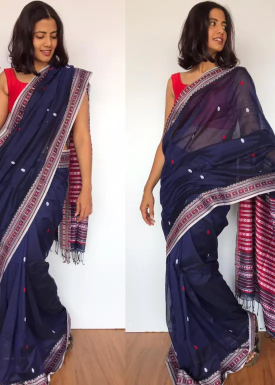 Navy Blue Handwoven Cotton Jamdani Saree