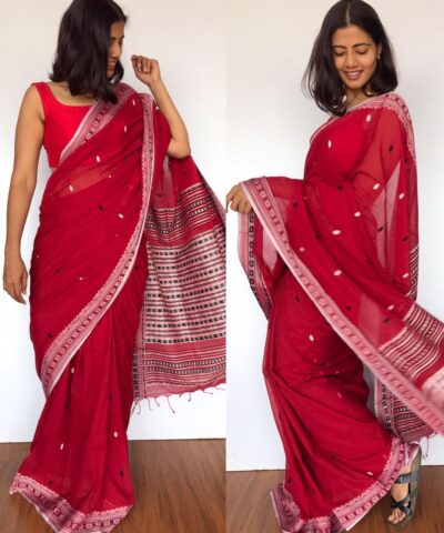 Red Handwoven Cotton Jamdani Saree