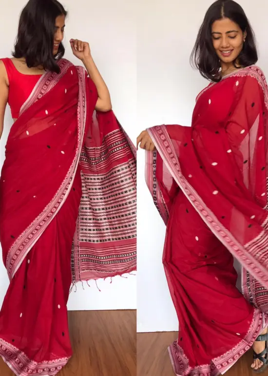 Red Handwoven Cotton Jamdani Saree