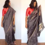 Navy Blue Chiniya Silk Saree with Golden Zari Stripes - Image 2