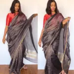 Navy Blue Chiniya Silk Saree with Golden Zari Stripes
