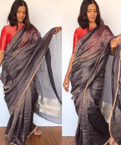 Navy Blue Chiniya Silk Saree with Golden Zari Stripes