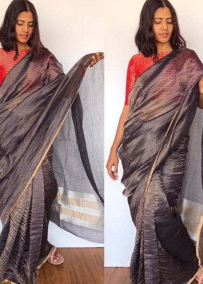 Navy Blue Chiniya Silk Saree with Golden Zari Stripes
