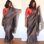Navy Blue Chiniya Silk Saree with Golden Zari Stripes - Image 3