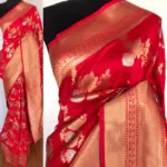 Scarlet Red Banarasi Silk Saree with Gold and Silver Zari Weaves - Image 2