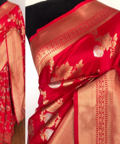 Scarlet Red Banarasi Silk Saree with Gold and Silver Zari Weaves