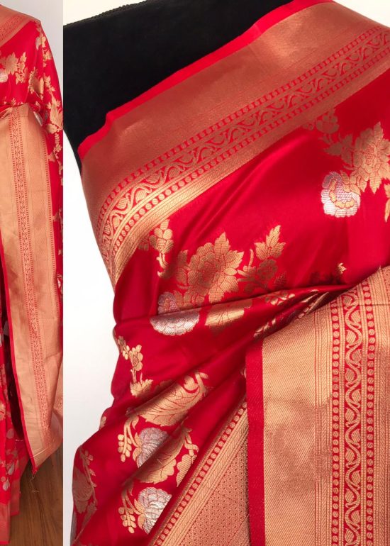 Scarlet Red Banarasi Silk Saree with Gold and Silver Zari Weaves