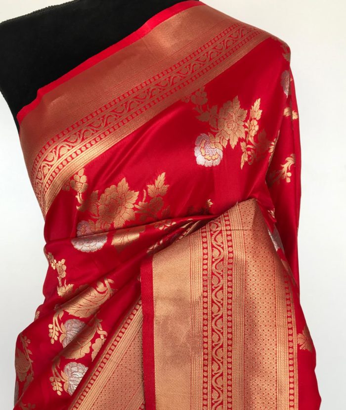 Scarlet Red Banarasi Silk Saree with Gold and Silver Zari Weaves