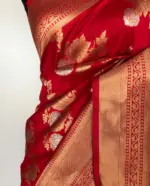Scarlet Red Banarasi Silk Saree with Gold and Silver Zari Weaves - Image 4
