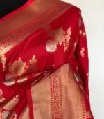 Scarlet Red Banarasi Silk Saree with Gold and Silver Zari Weaves - Image 5
